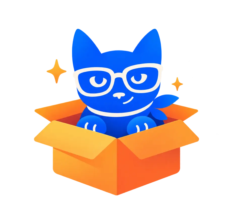 Gato azul de Gatoeterno asomándose de una caja naranja